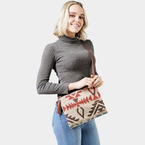 Beige Western Aztec Print Crossbody / Clutch Bag